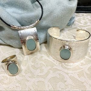 3pc Handmade Artisan Sterling Silver Chalcedony Necklace Cuff Bracelet Pendant